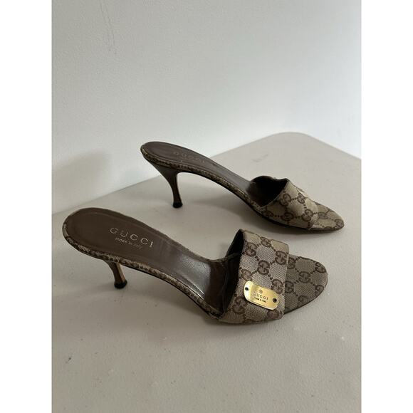 Gucci Marmont Monogram Kitten Heels Slides Logo GG Canvas Slide 9.5B Old Money - Picture 1 of 10